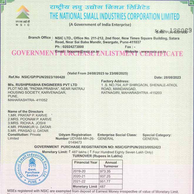 Rushiprabha Engineers Pvt. Ltd. Certification